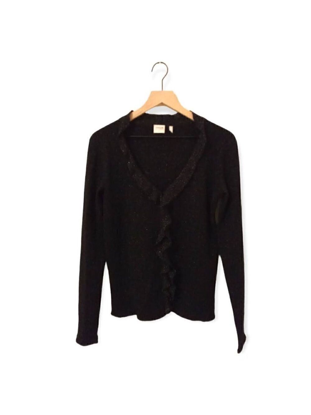Armani Collezioni Black Metallic Ruffle Front Wool Sweater Size 10